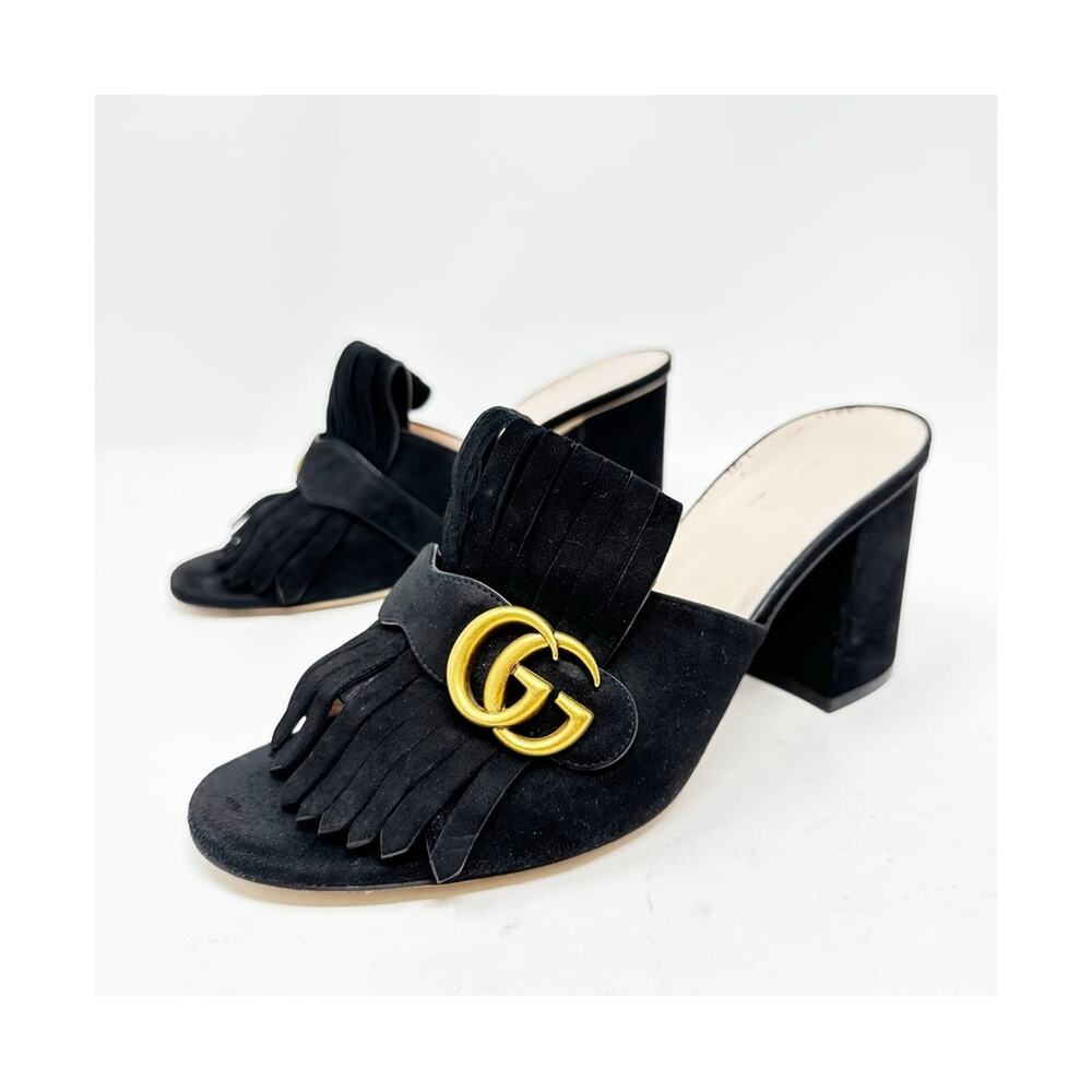 Gucci GG Marmont Black Suede Fringe Mules Sandals Womens Size EU 40
